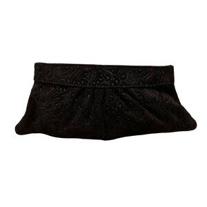 Lauren Merkin Womens Black Embossed Velvet Clutch Evening Bag With Ruched